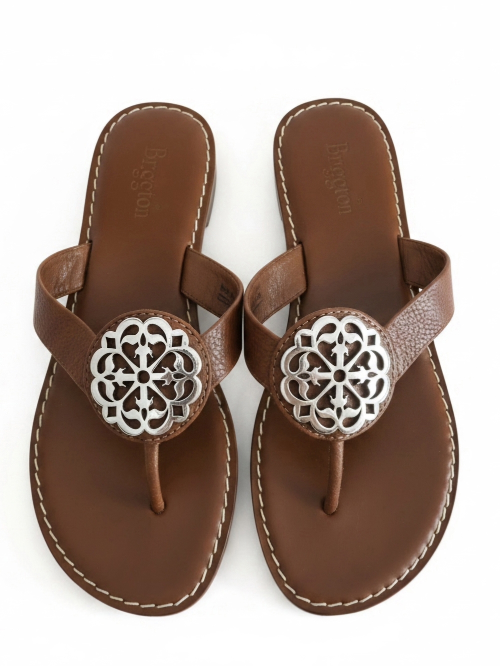 Brighton Alice Ferrara Caramel Pebbled Leather Medallion Thong Sandals
